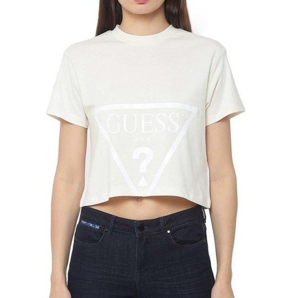 GUESS Cropped Logo Cotton T-Shirt in Ocean Salt - Size Medium - Picture 1 of 5